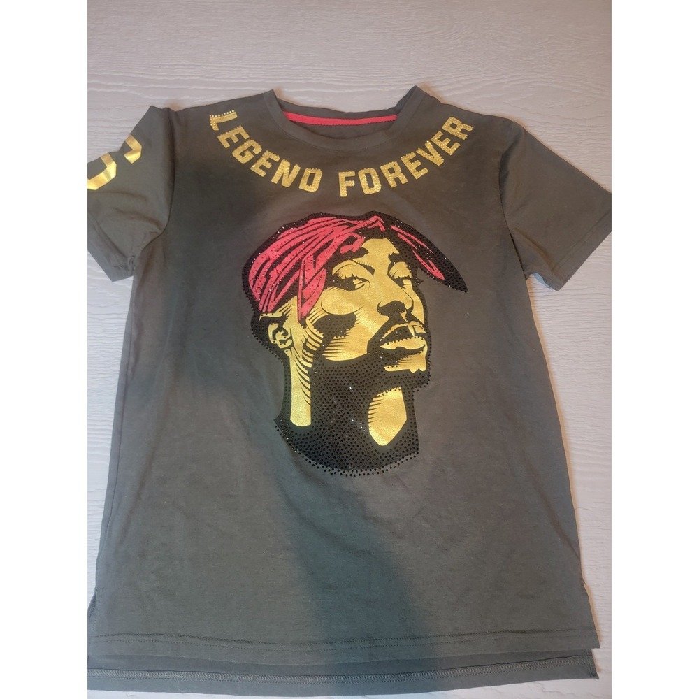 ♡Sicosis Tupac Shakur Legend Forever Rhinestone Graphic T-Shirt Gray Gold Large